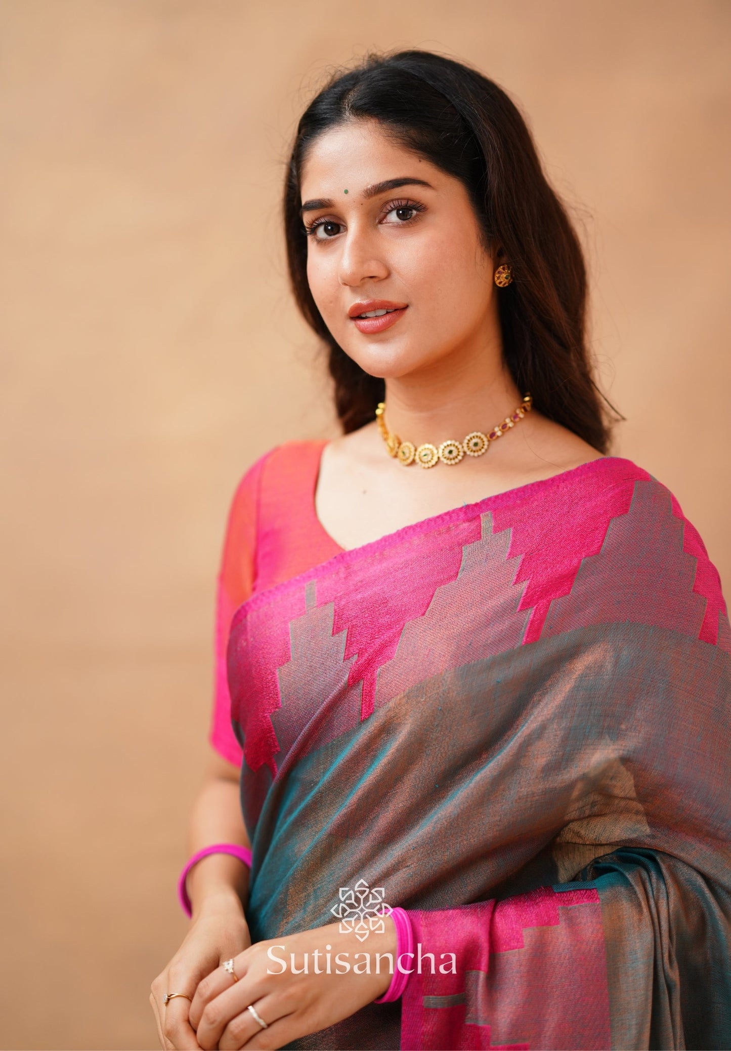 Dhiyona SS Tissue Cotton Handloom Saree with Artisanal Stepped Border