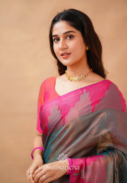 Dhiyona SS Tissue Cotton Handloom Saree with Artisanal Stepped Border