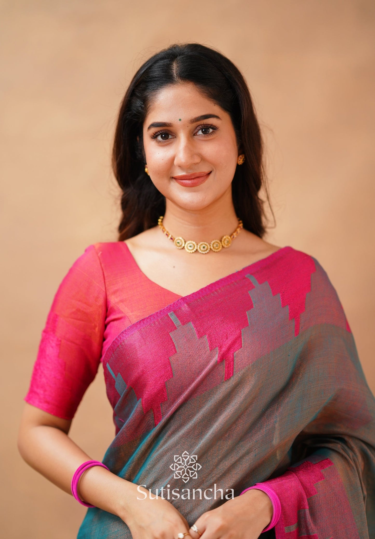 Dhiyona SS Tissue Cotton Handloom Saree with Artisanal Stepped Border