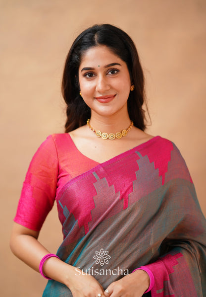 Dhiyona SS Tissue Cotton Handloom Saree with Artisanal Stepped Border