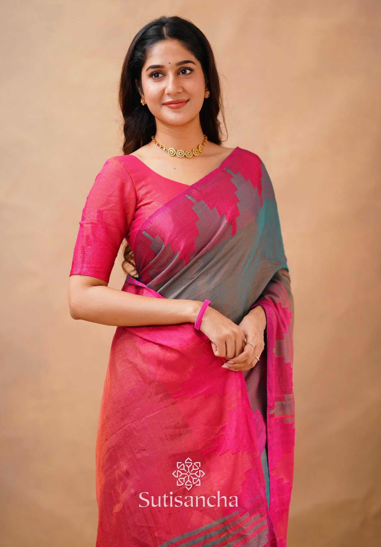 Dhiyona SS Tissue Cotton Handloom Saree with Artisanal Stepped Border