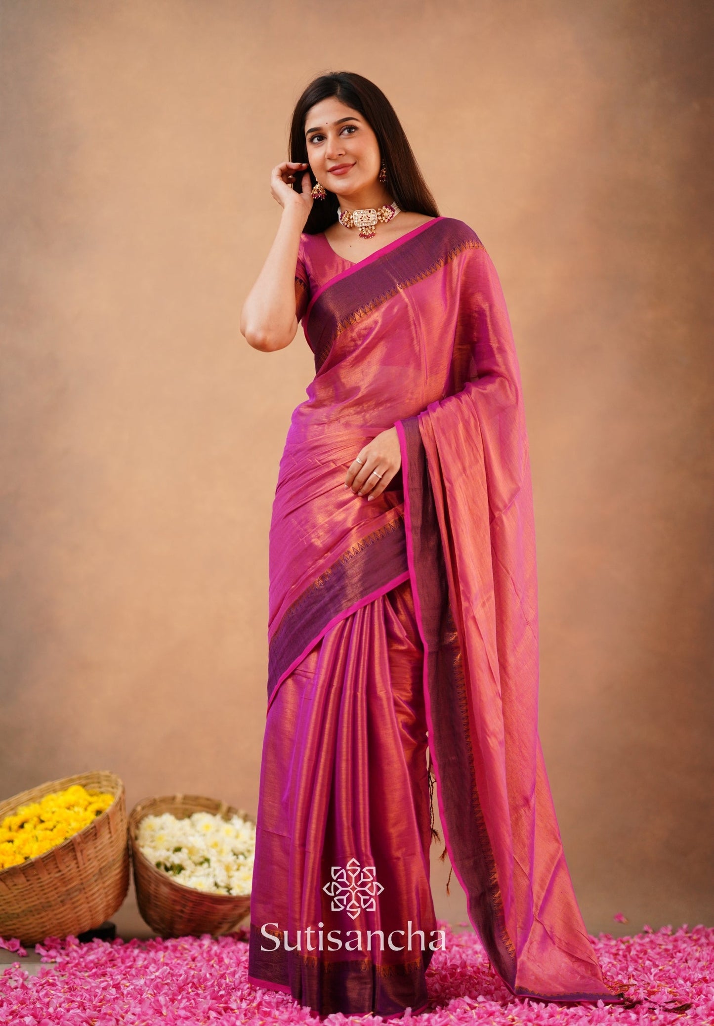 Dhiyona SS Sutisancha Peach Handloom Cotton Tissue Saree