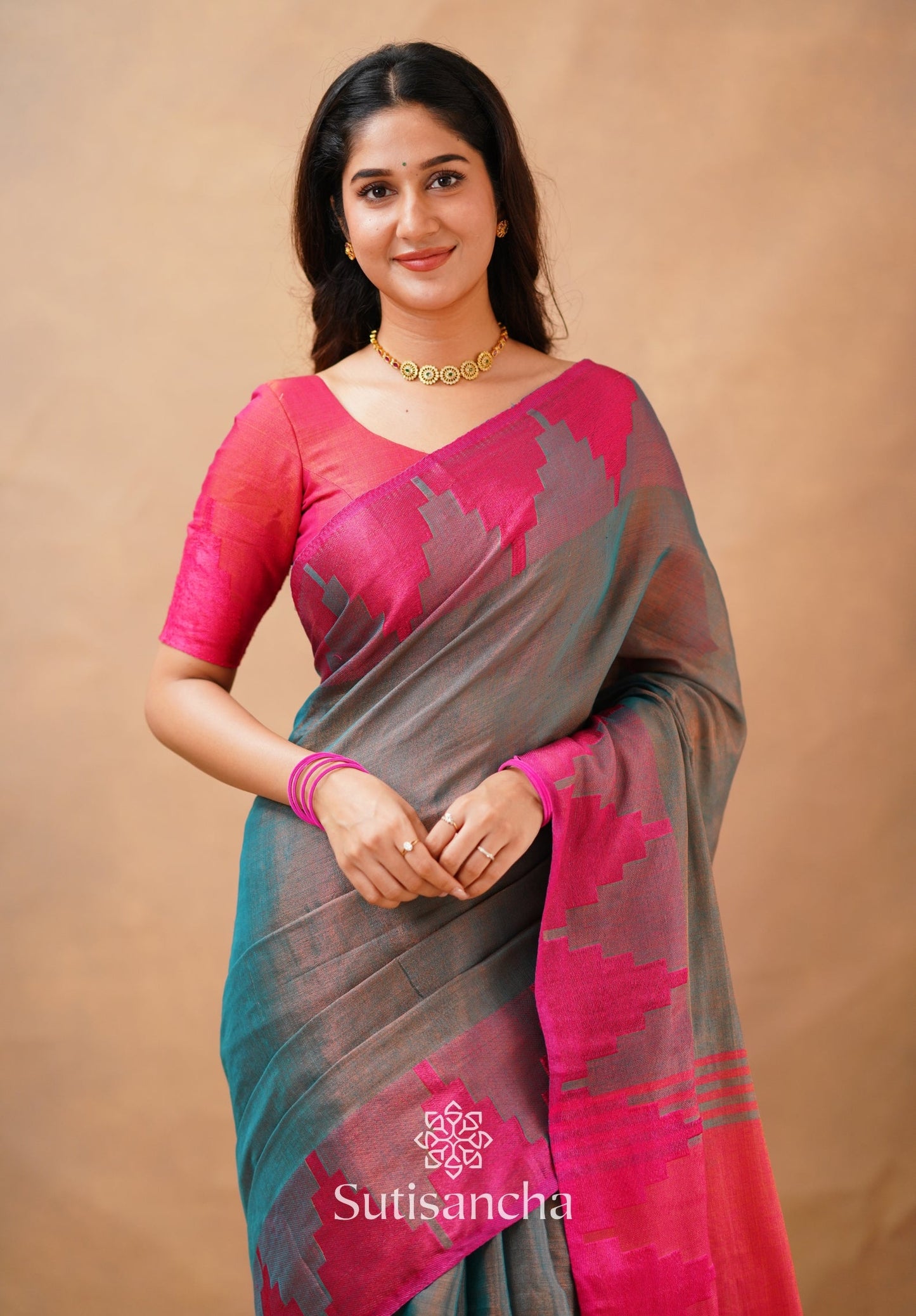 Dhiyona SS Tissue Cotton Handloom Saree with Artisanal Stepped Border