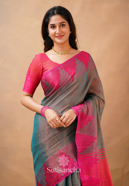 Dhiyona SS Tissue Cotton Handloom Saree with Artisanal Stepped Border