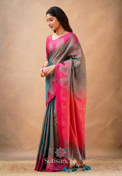 Dhiyona SS Tissue Cotton Handloom Saree with Artisanal Stepped Border