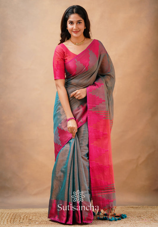 Dhiyona SS Tissue Cotton Handloom Saree with Artisanal Stepped Border