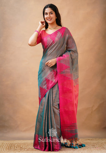 Dhiyona SS Tissue Cotton Handloom Saree with Artisanal Stepped Border