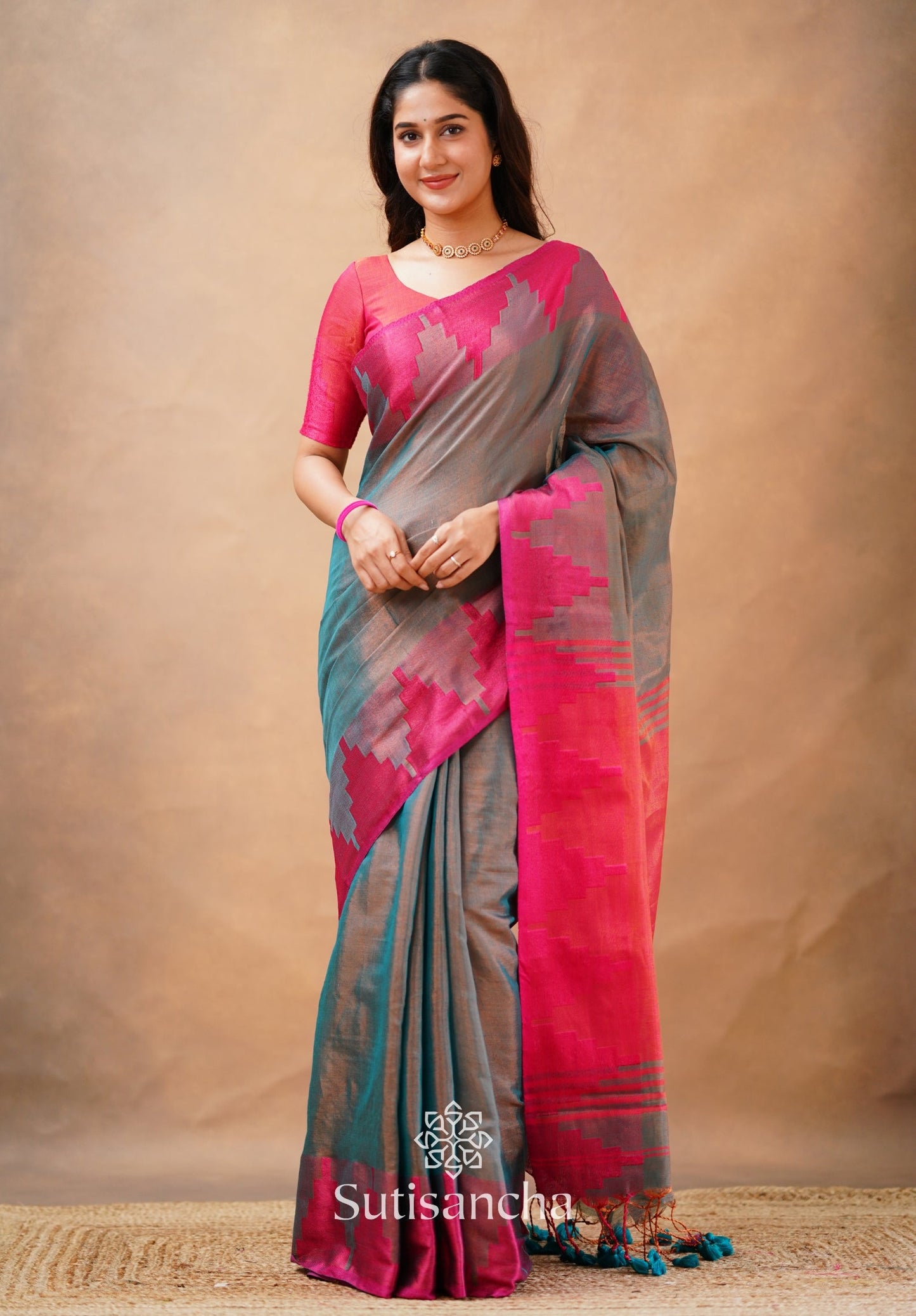 Dhiyona SS Tissue Cotton Handloom Saree with Artisanal Stepped Border