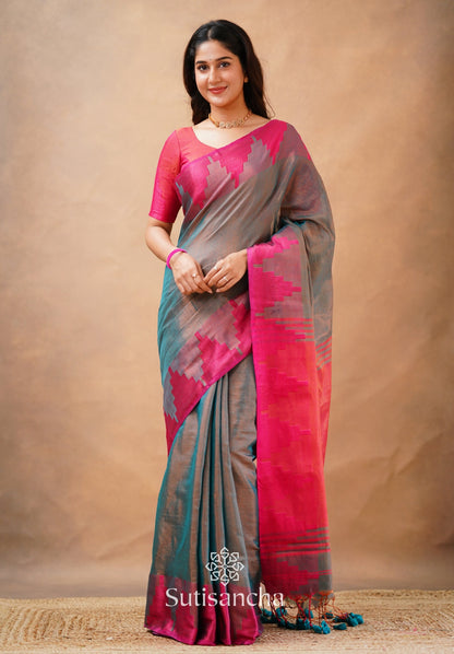 Dhiyona SS Tissue Cotton Handloom Saree with Artisanal Stepped Border