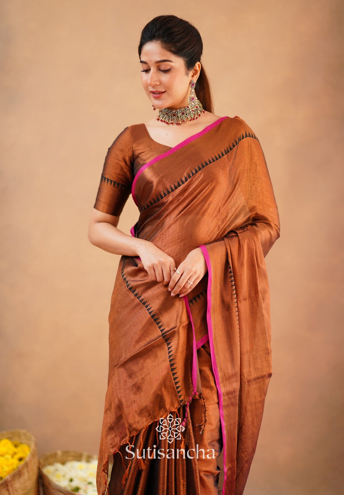 Dhiyona SS Sutisancha Copper Handloom Cotton Tissue Saree