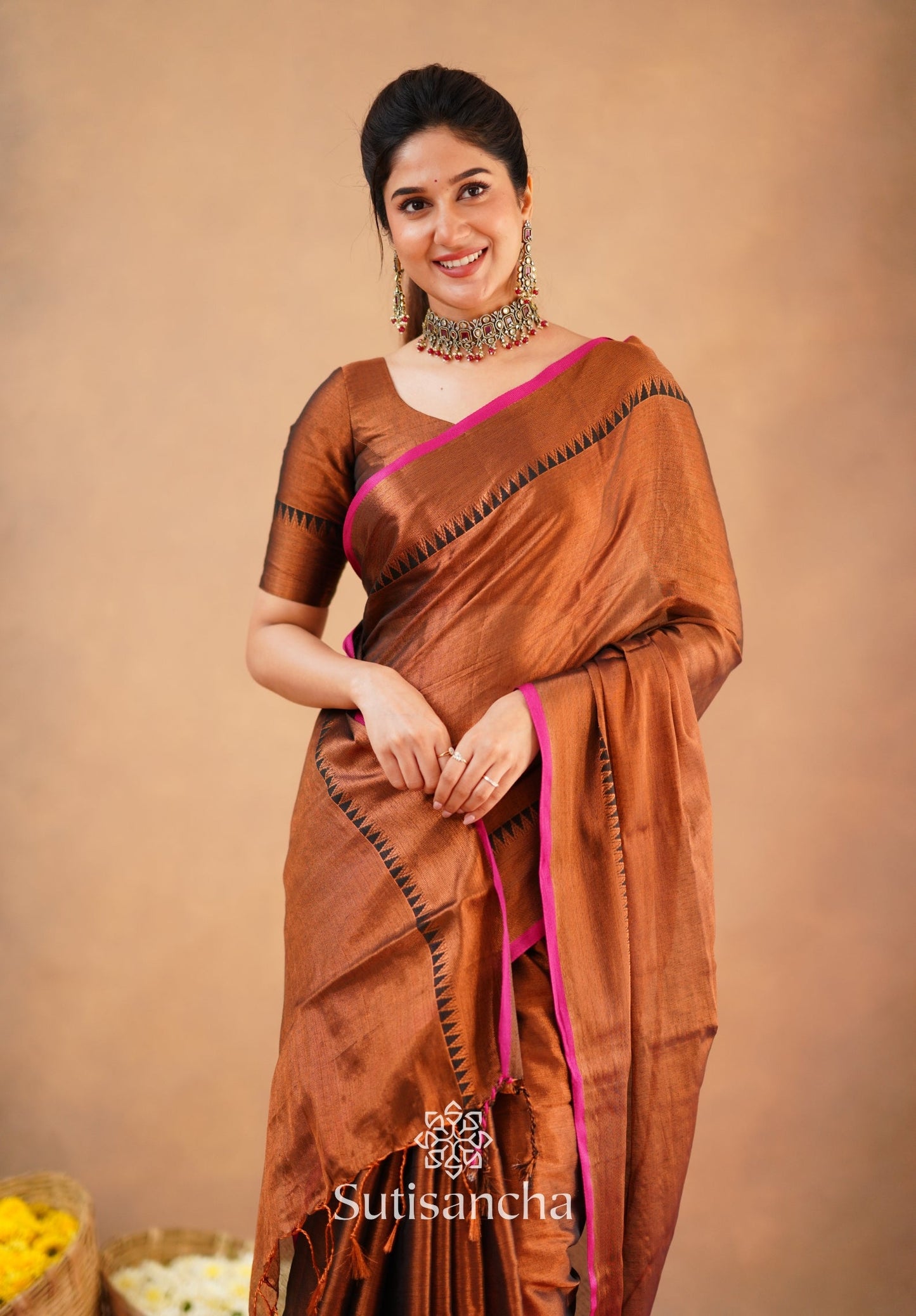 Dhiyona SS Sutisancha Copper Handloom Cotton Tissue Saree