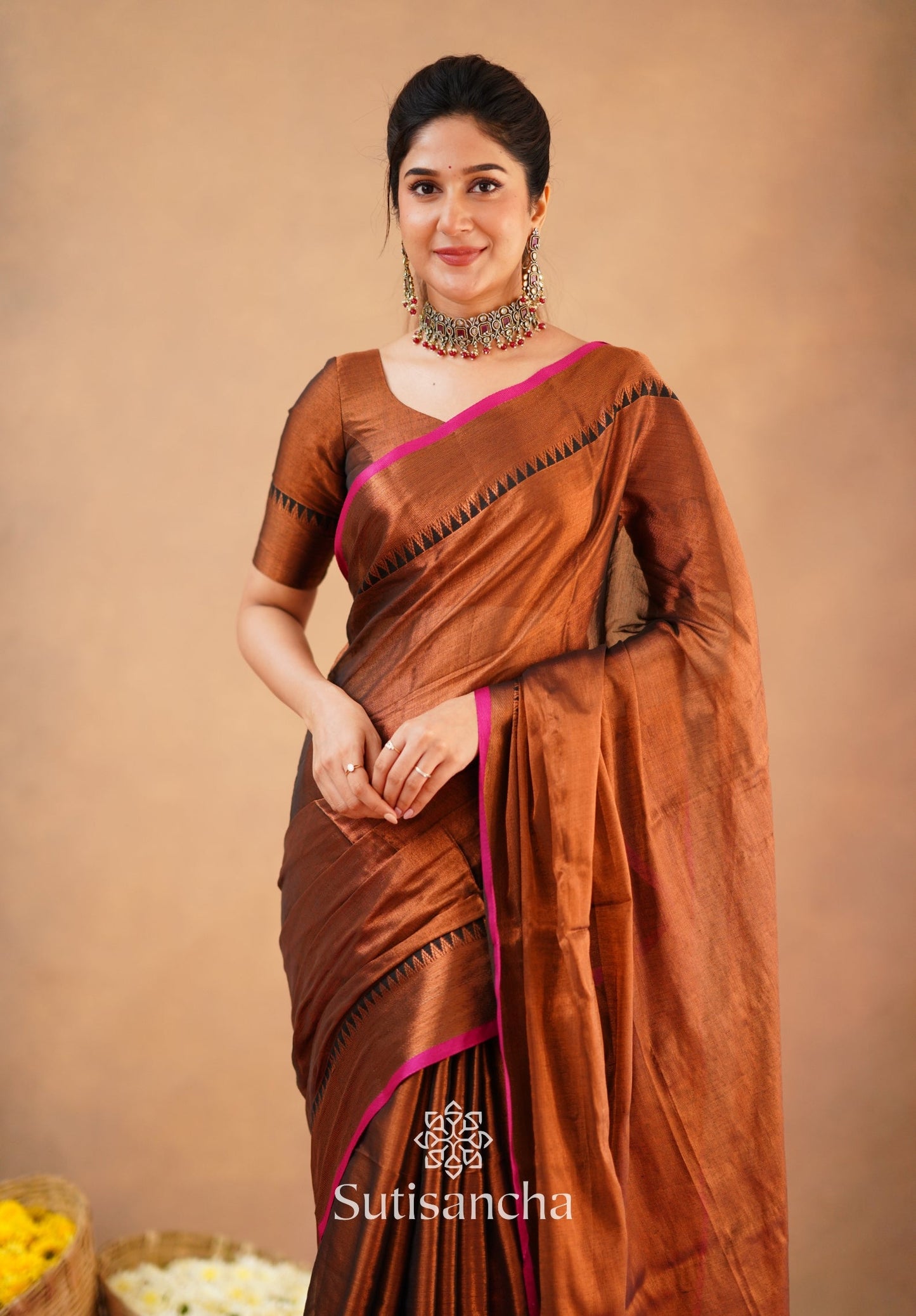 Dhiyona SS Sutisancha Copper Handloom Cotton Tissue Saree
