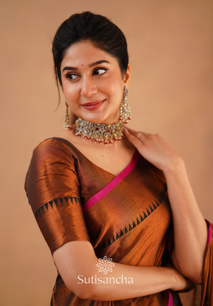 Dhiyona SS Sutisancha Copper Handloom Cotton Tissue Saree