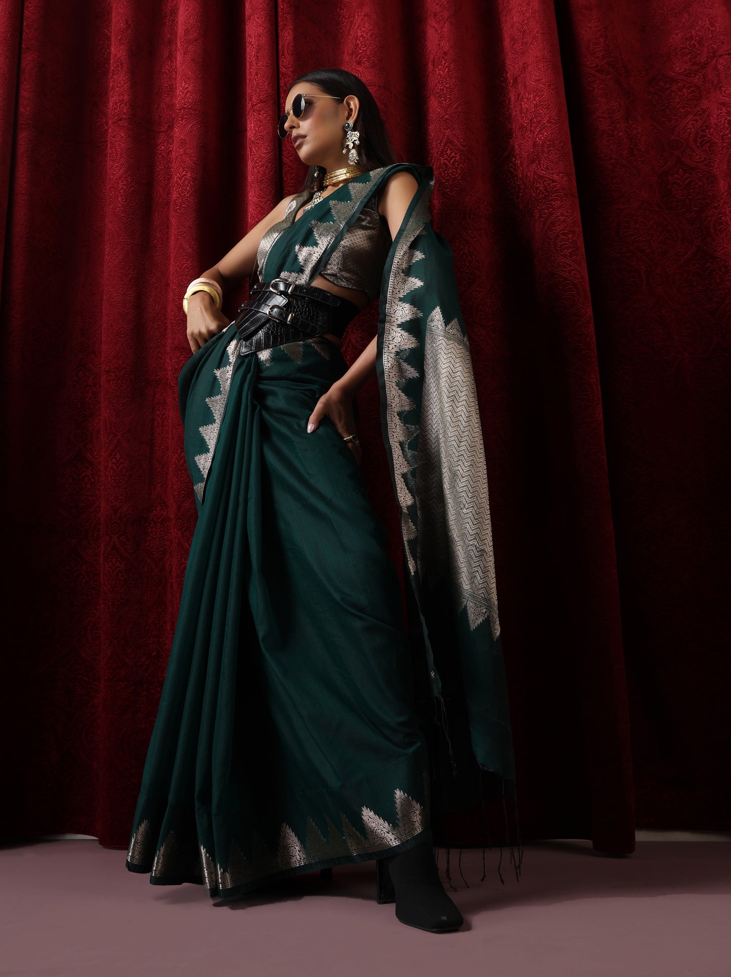 Dhiyona ST Emerald Temple Pure Silk Saree with Blouse Fabric