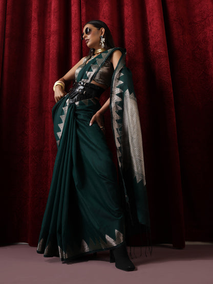 Dhiyona ST Emerald Temple Pure Silk Saree with Blouse Fabric