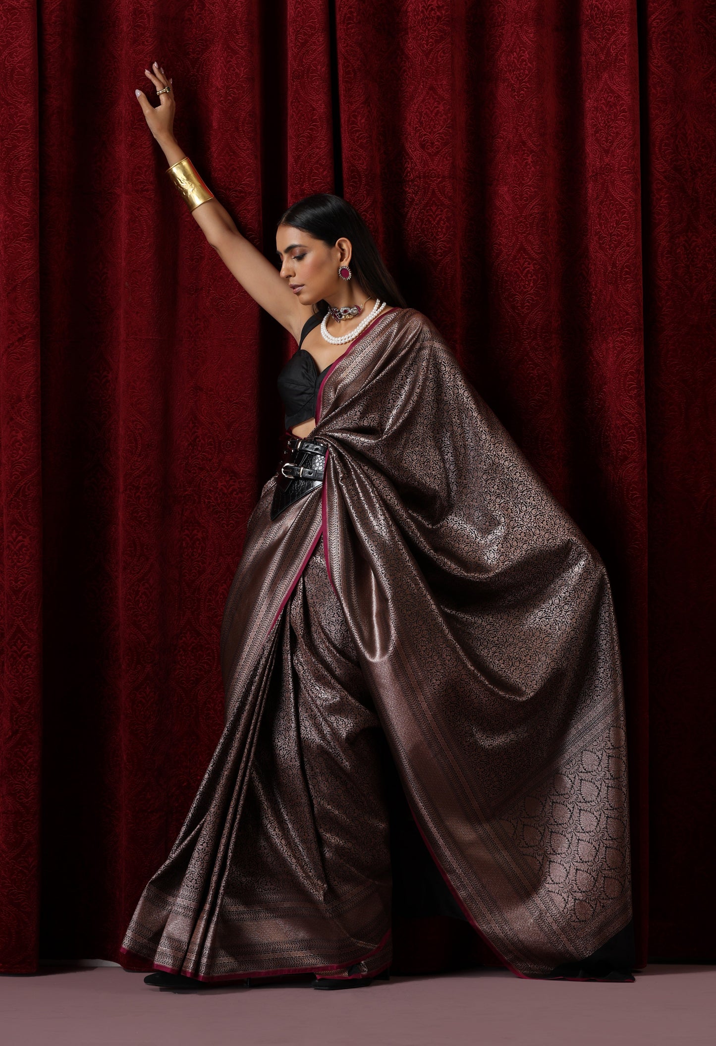 Dhiyona ST Banarasi Black Purple Jaal Silk Saree with Blouse Fabric