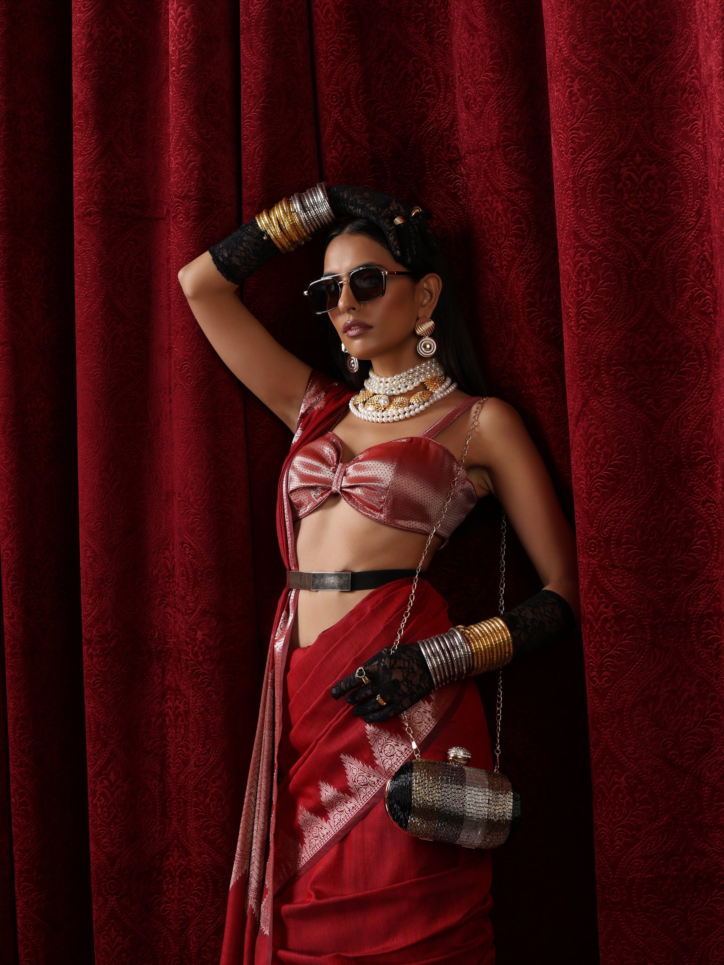Dhiyona ST Banaras Red Temple Mul Mul Cotton Silk Saree with Blouse Fabric