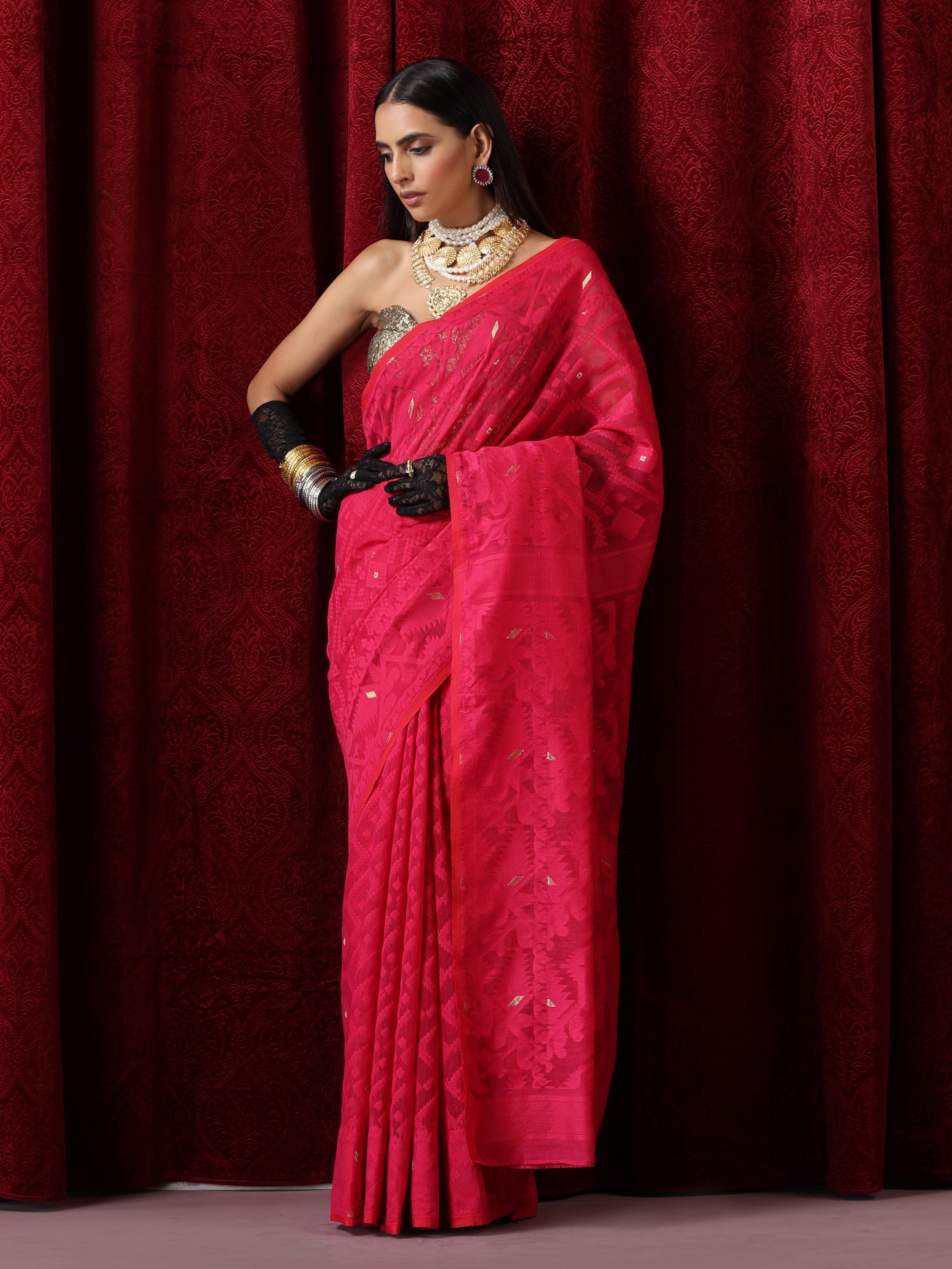 Dhiyona ST Rosemati Red Jamdani Cotton Saree