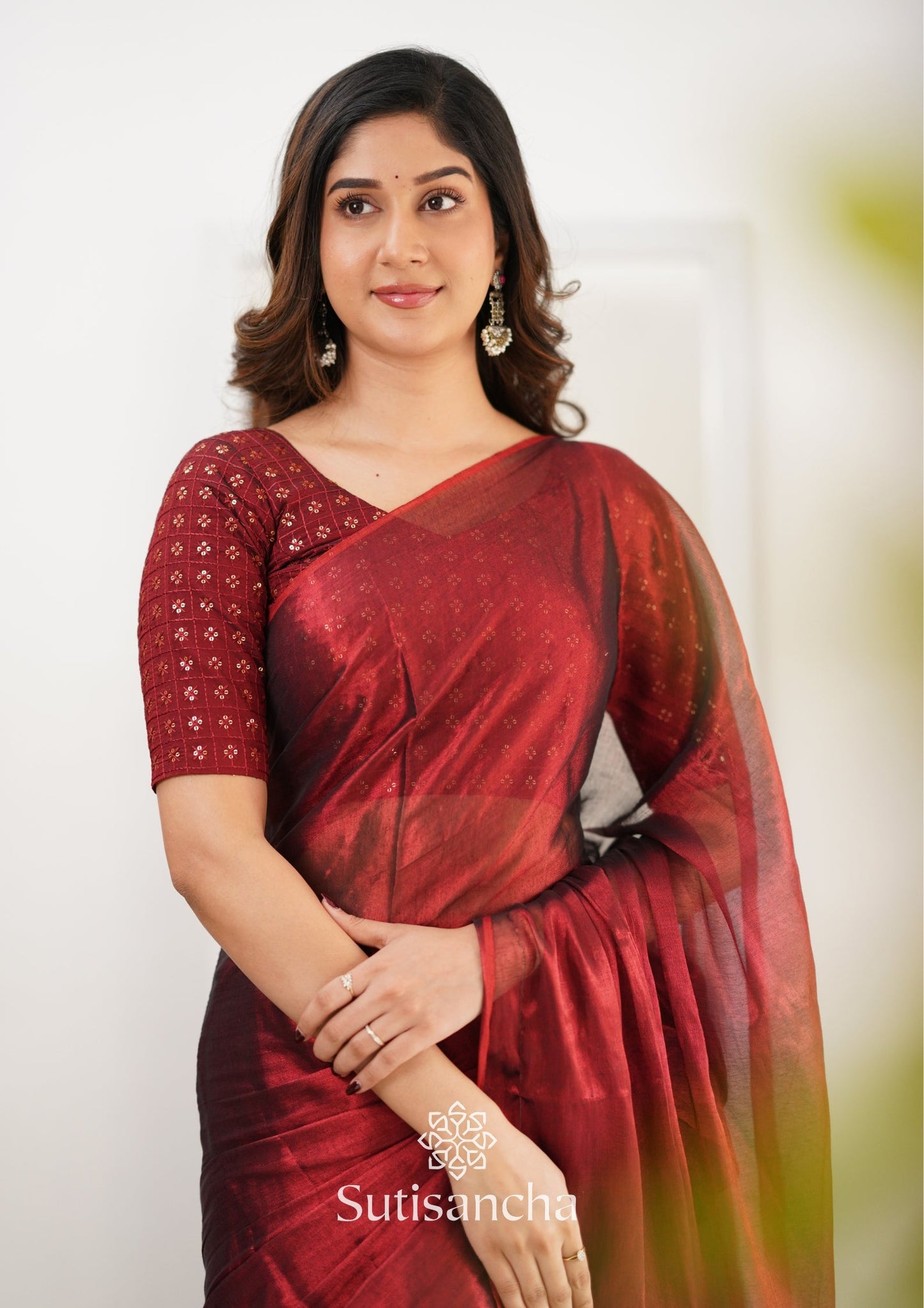 Dhiyona SS Sutisancha Maroon Handloom Tissue Saree With Designer Blouse