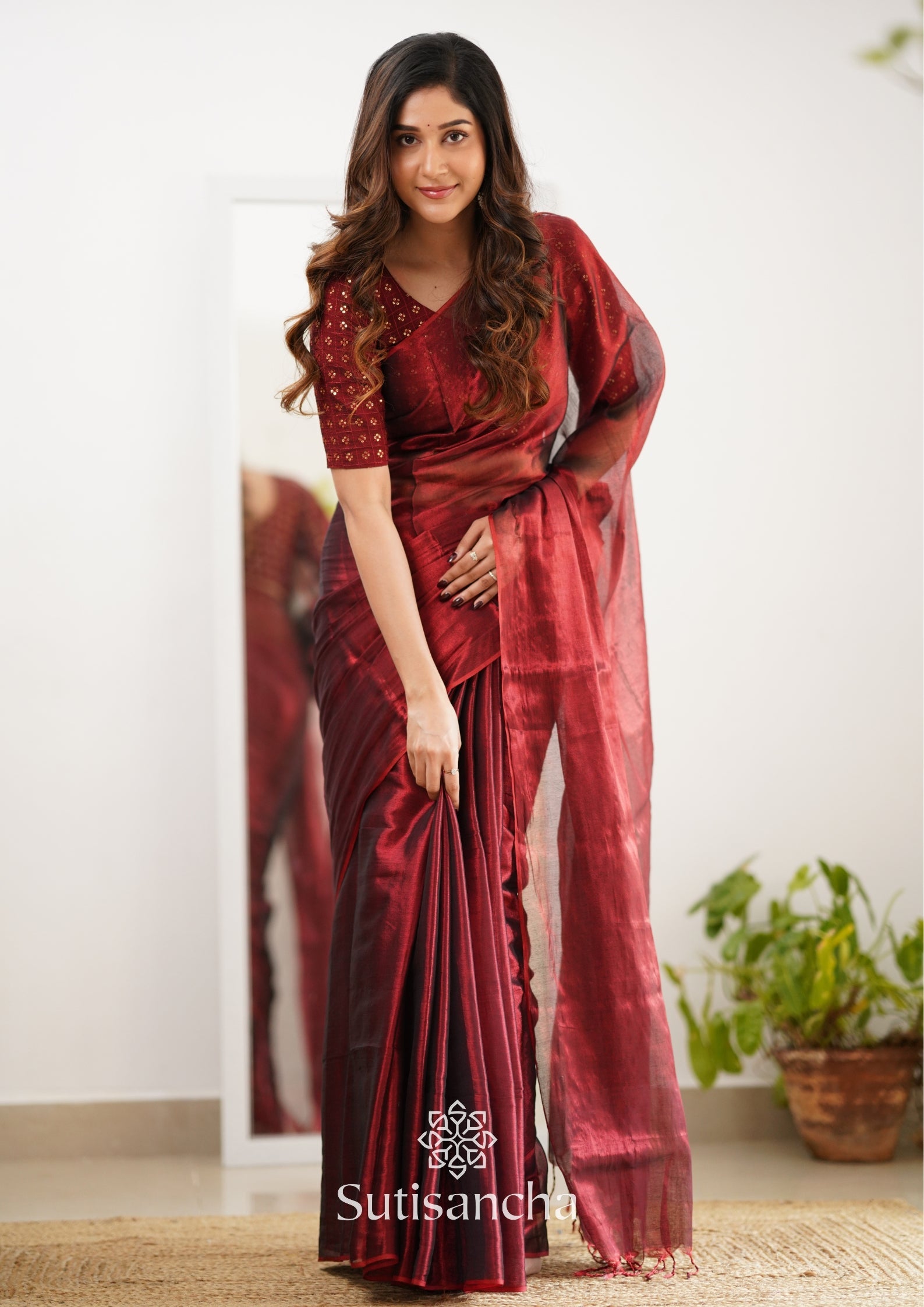 Dhiyona SS Sutisancha Maroon Handloom Tissue Saree With Designer Blouse