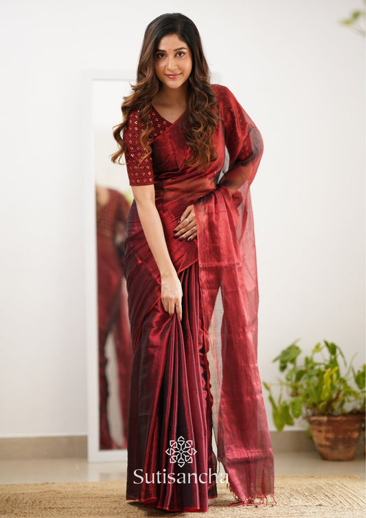 Dhiyona SS Sutisancha Maroon Handloom Tissue Saree With Designer Blouse