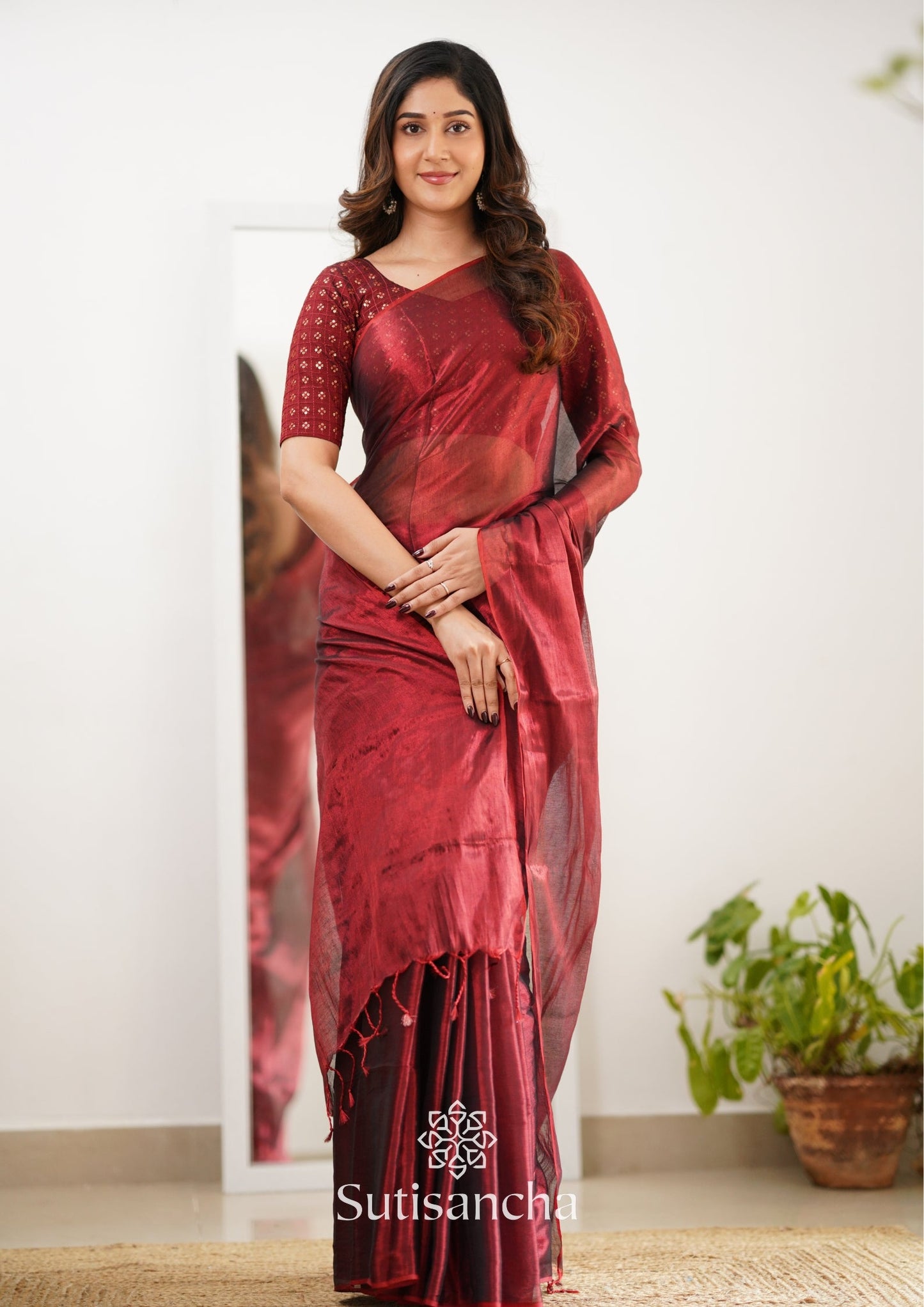 Dhiyona SS Sutisancha Maroon Handloom Tissue Saree With Designer Blouse