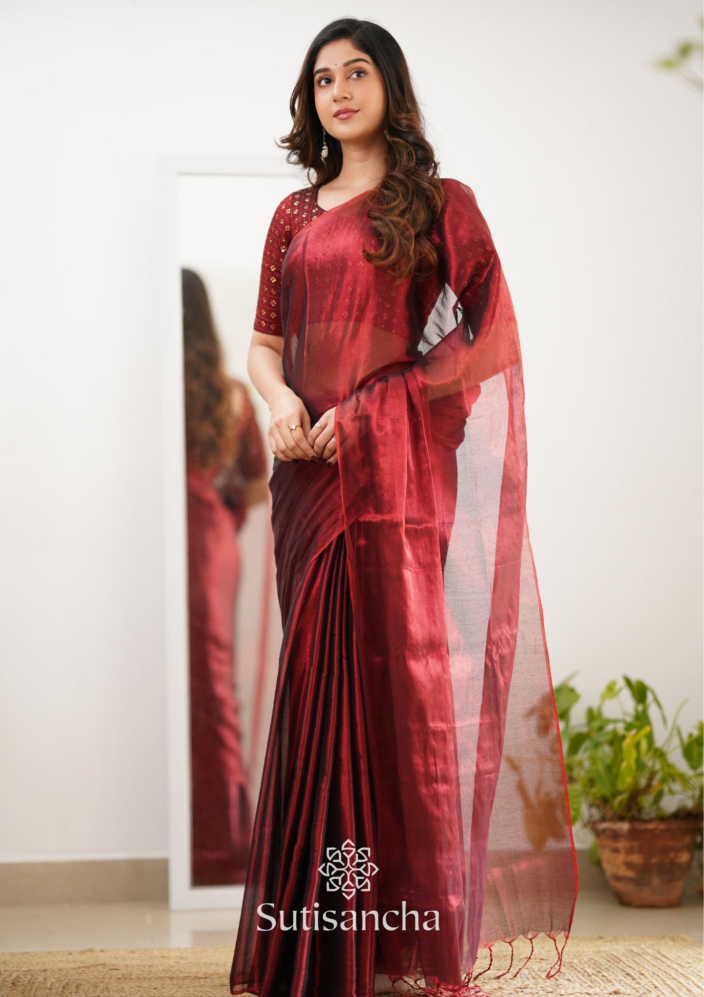Dhiyona SS Sutisancha Maroon Handloom Tissue Saree With Designer Blouse
