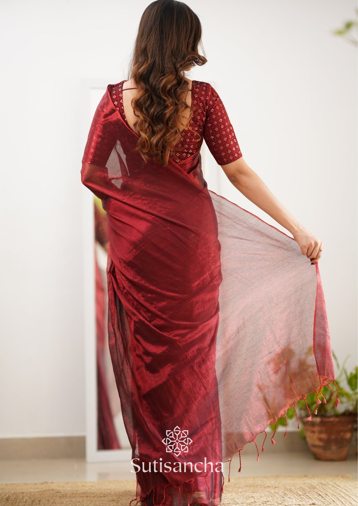Dhiyona SS Sutisancha Maroon Handloom Tissue Saree With Designer Blouse