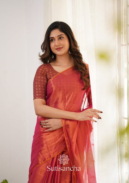 Dhiyona SS Sutisancha Peach Handloom Tissue Saree With Designer Blouse