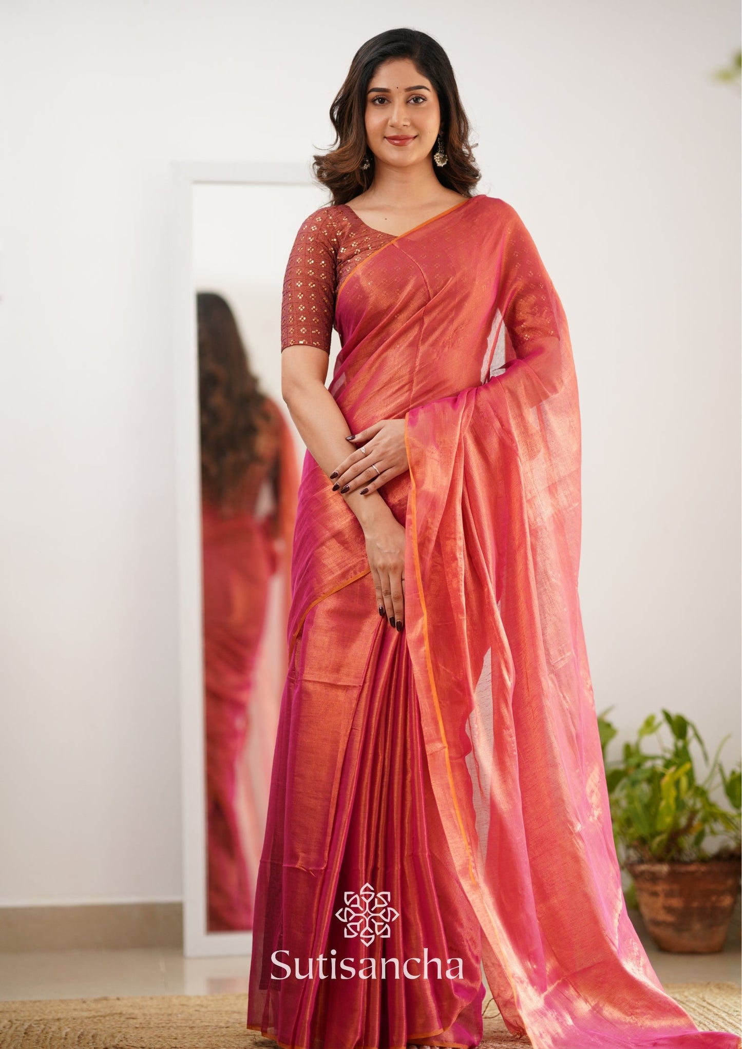 Dhiyona SS Sutisancha Peach Handloom Tissue Saree With Designer Blouse