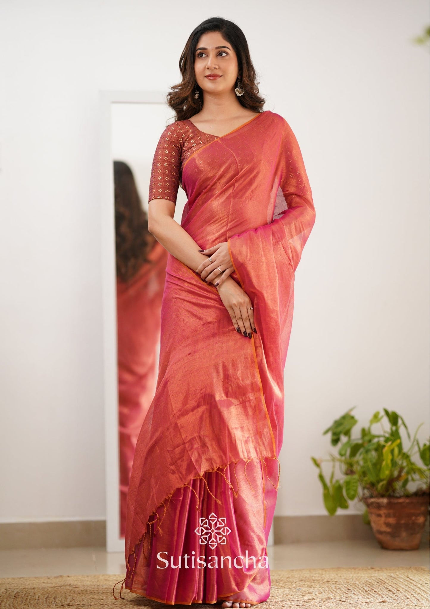 Dhiyona SS Sutisancha Peach Handloom Tissue Saree With Designer Blouse