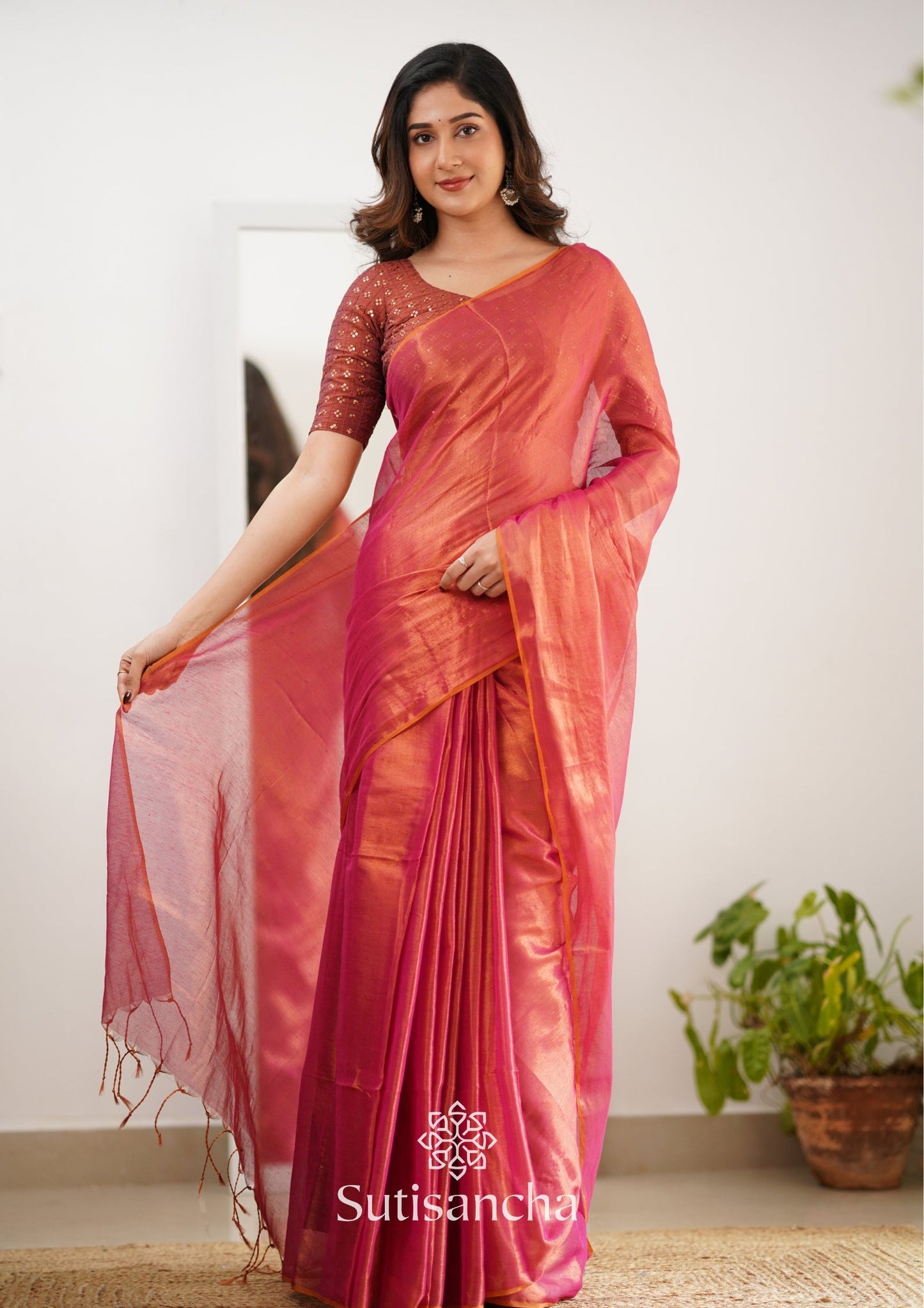 Dhiyona SS Sutisancha Peach Handloom Tissue Saree With Designer Blouse