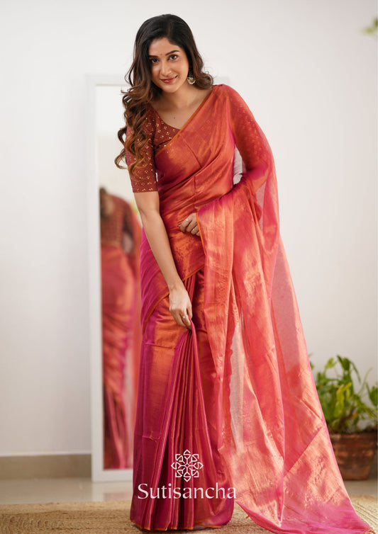 Dhiyona SS Sutisancha Peach Handloom Tissue Saree With Designer Blouse
