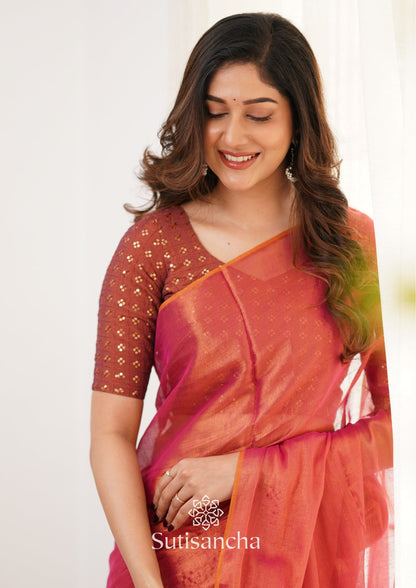 Dhiyona SS Sutisancha Peach Handloom Tissue Saree With Designer Blouse