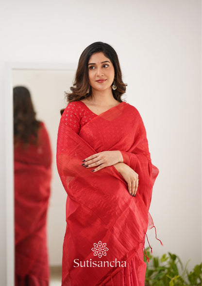 Dhiyona SS Sutisancha Red Handloom Tissue Saree With Designer Blouse