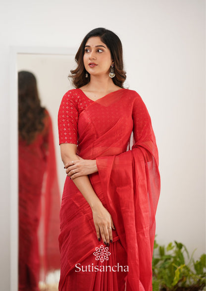 Dhiyona SS Sutisancha Red Handloom Tissue Saree With Designer Blouse