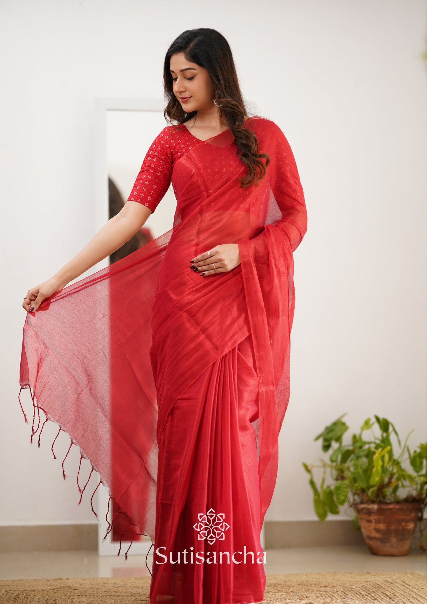 Dhiyona SS Sutisancha Red Handloom Tissue Saree With Designer Blouse