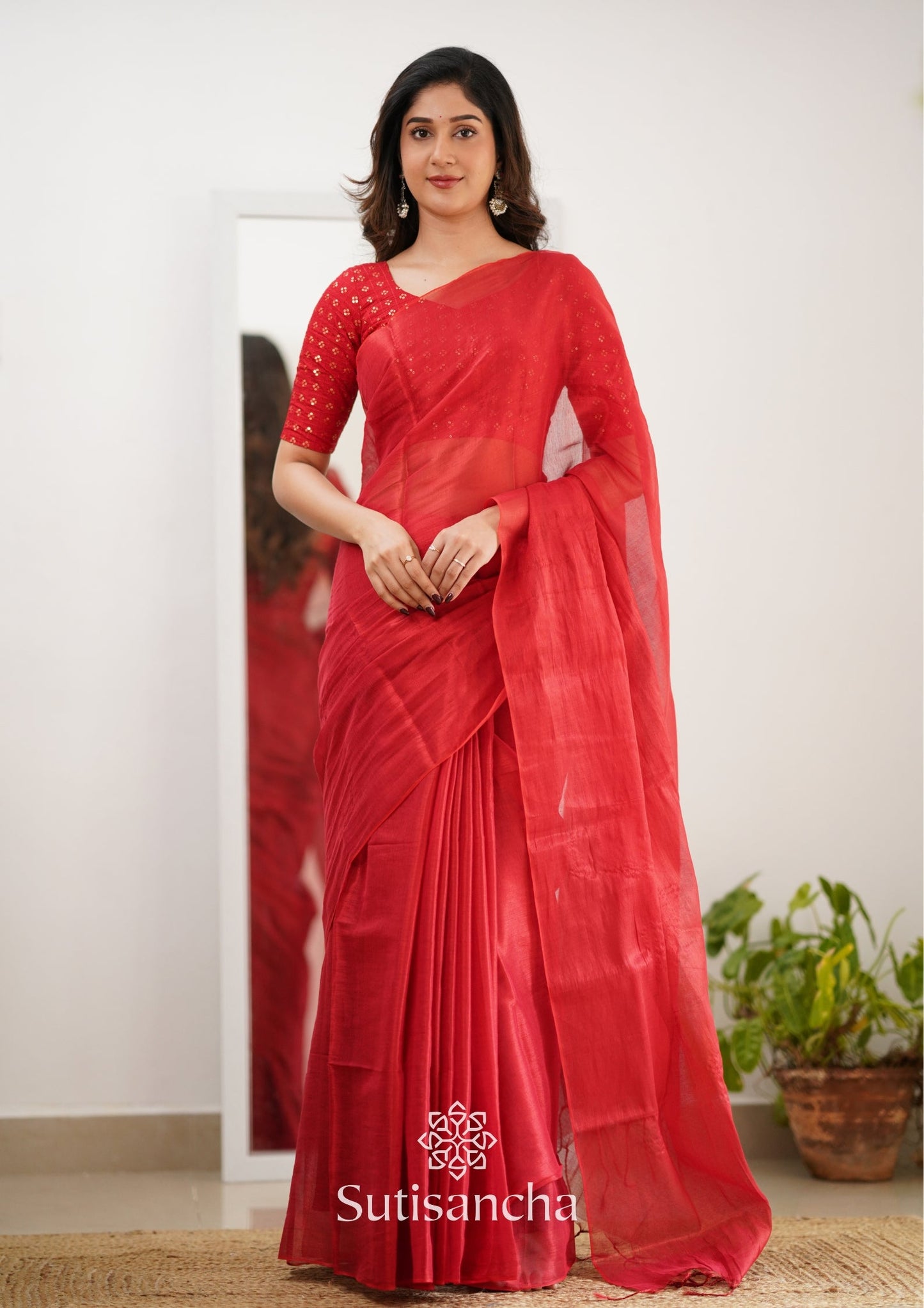 Dhiyona SS Sutisancha Red Handloom Tissue Saree With Designer Blouse