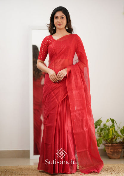Dhiyona SS Sutisancha Red Handloom Tissue Saree With Designer Blouse
