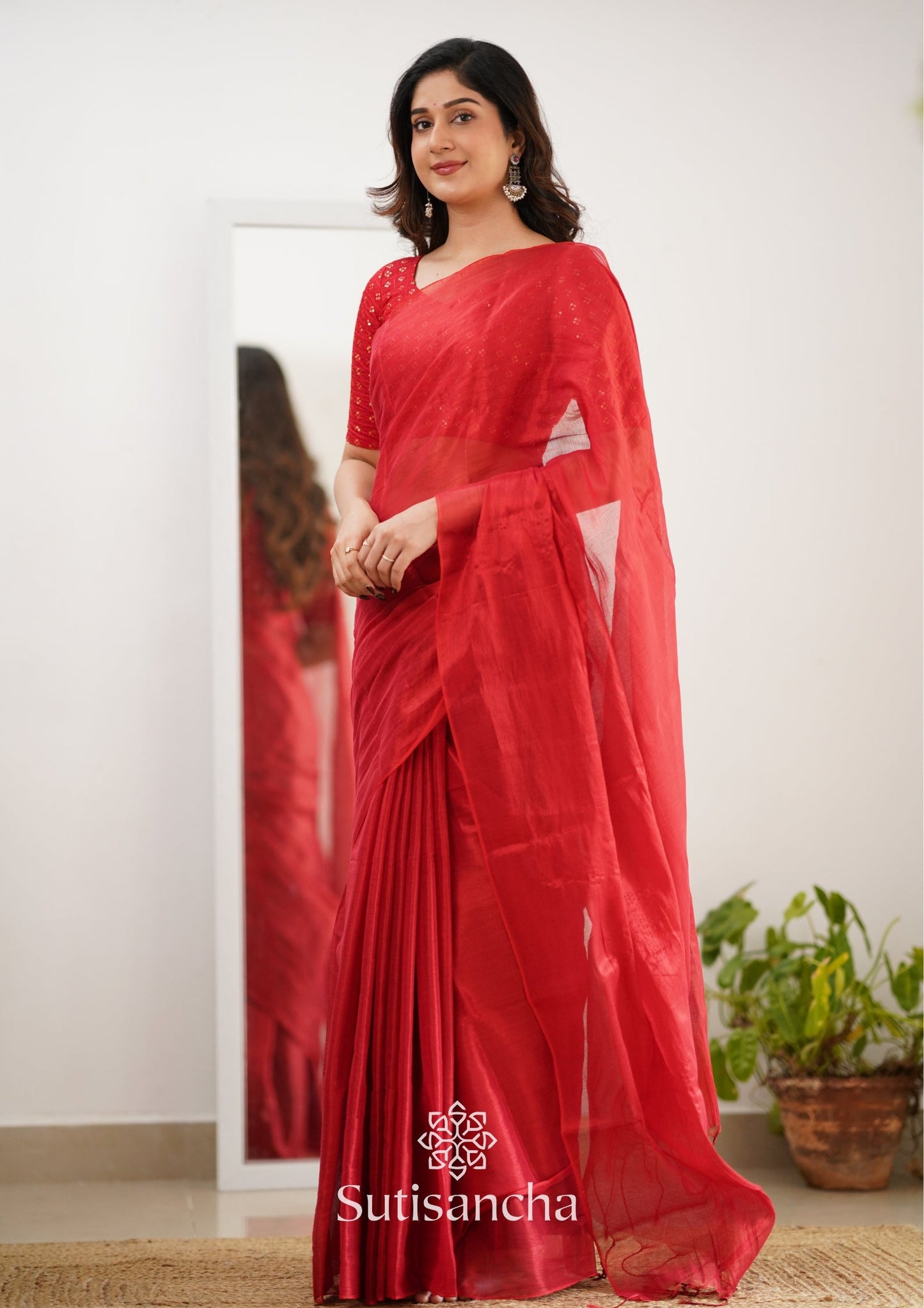 Dhiyona SS Sutisancha Red Handloom Tissue Saree With Designer Blouse