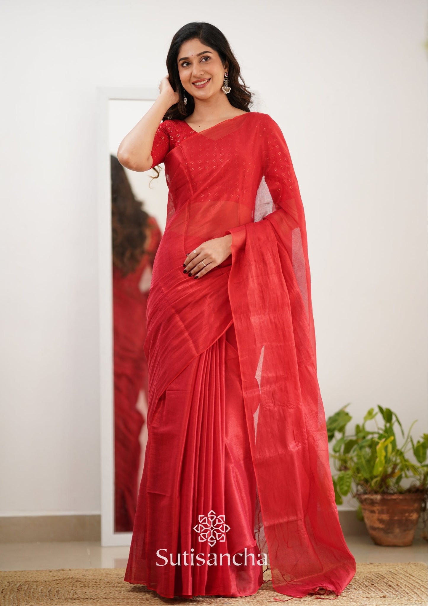 Dhiyona SS Sutisancha Red Handloom Tissue Saree With Designer Blouse