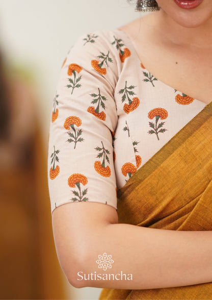 Dhiyona SS Sutisancha Mustard Handloom Cotton Saree With Designer Blouse