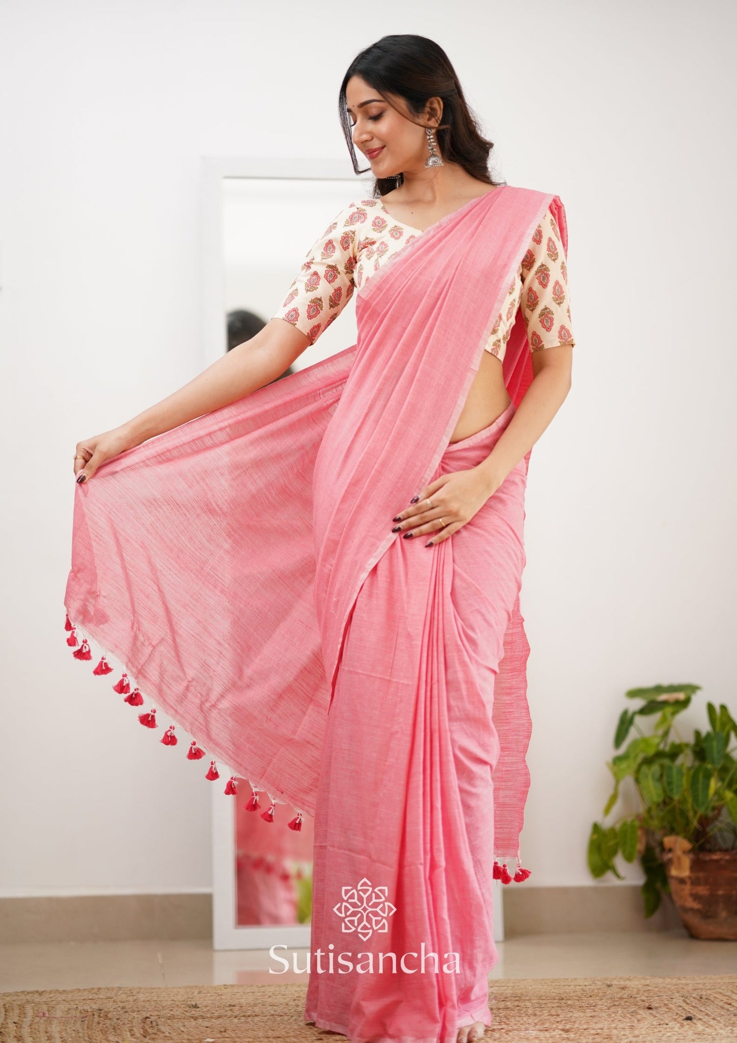 Dhiyona SS Sutisancha Peach Handloom Cotton Saree With Designer Blouse