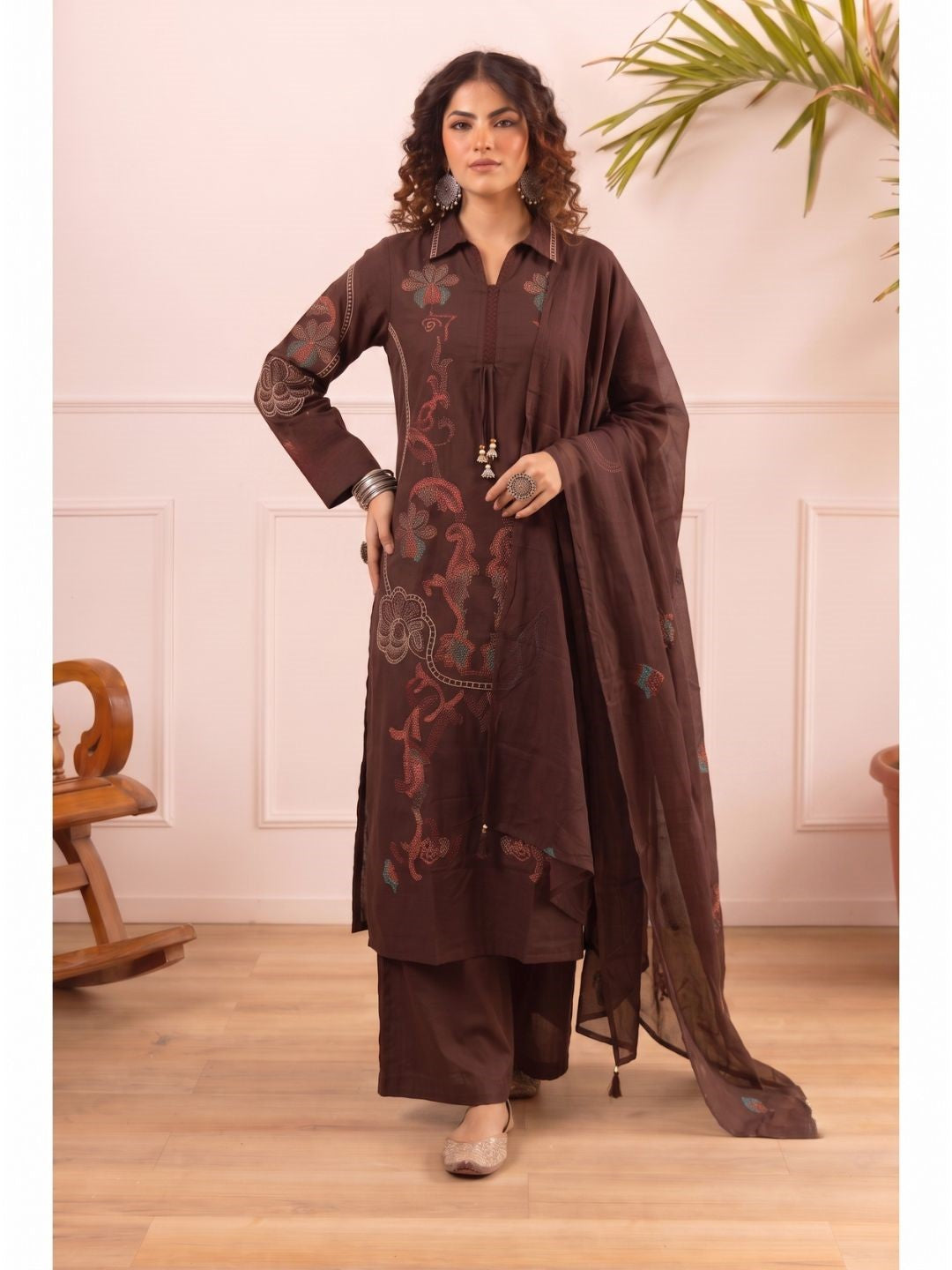 Karen chestnut embroidery cotton suit set