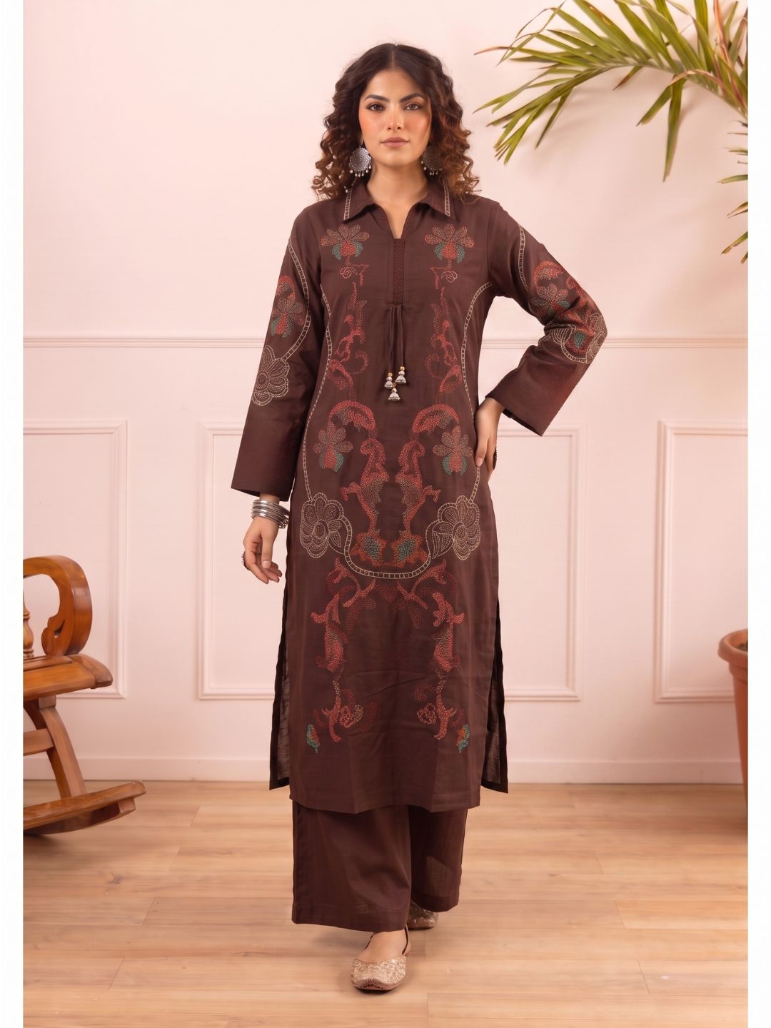 Karen chestnut embroidery cotton suit set