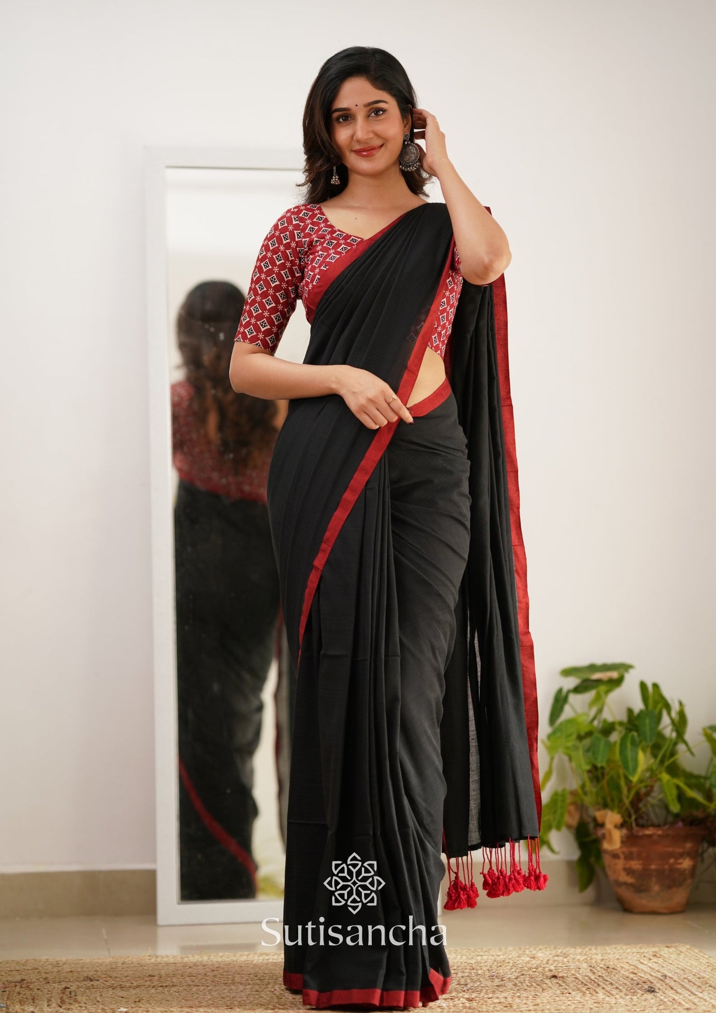 Dhiyona SS Sutisancha Black Handloom Cotton Saree With Designer Blouse