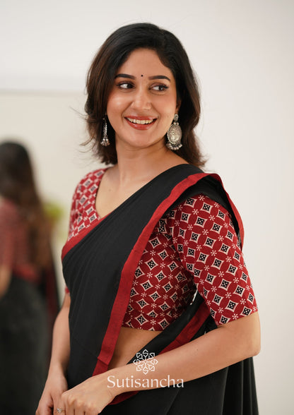 Dhiyona SS Sutisancha Black Handloom Cotton Saree With Designer Blouse