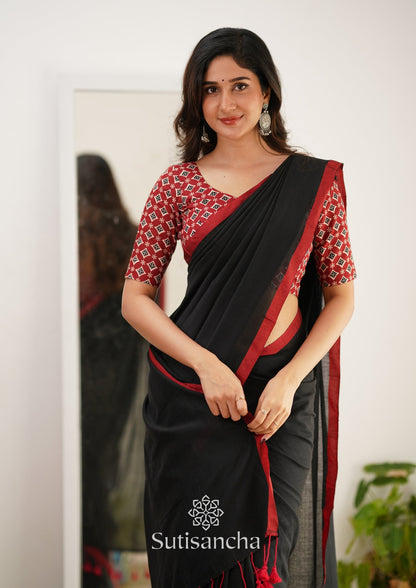 Dhiyona SS Sutisancha Black Handloom Cotton Saree With Designer Blouse