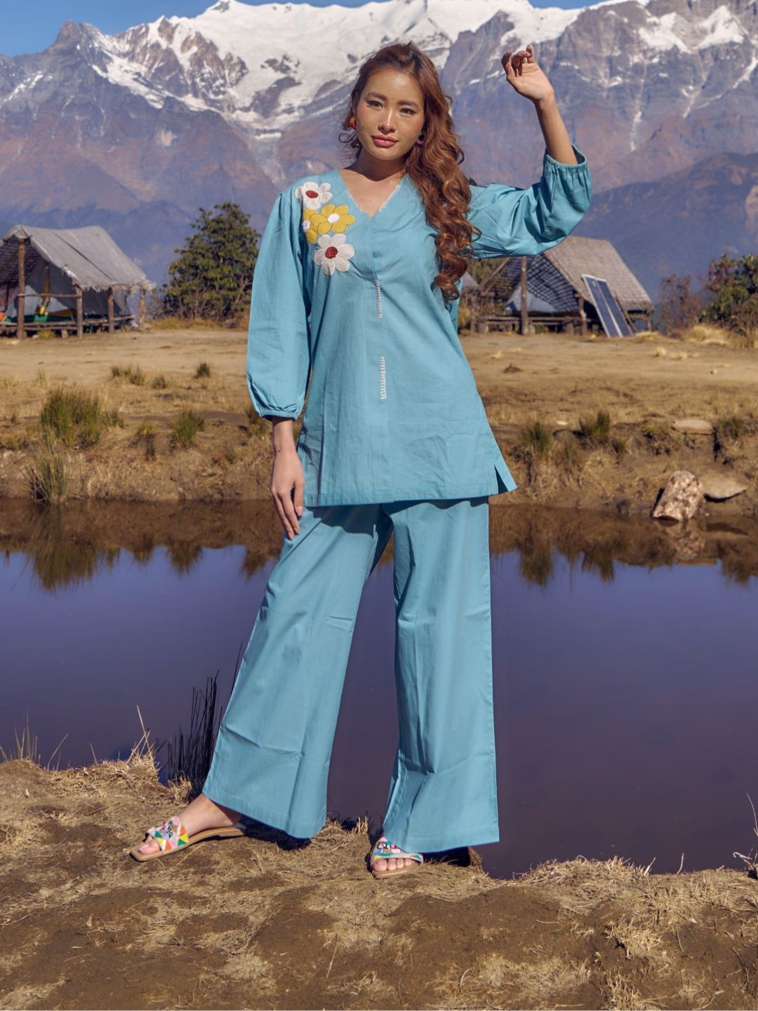 Wespret sky embroidered cotton co-ord set