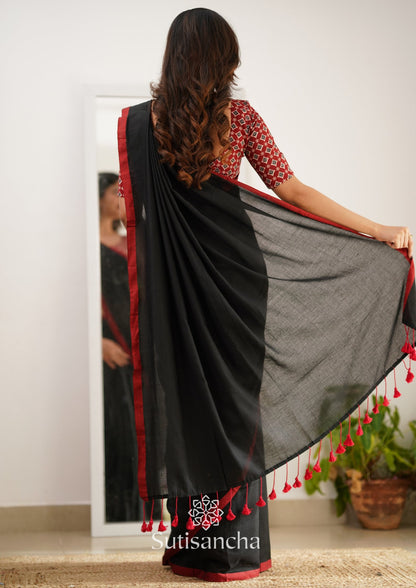 Dhiyona SS Sutisancha Black Handloom Cotton Saree With Designer Blouse